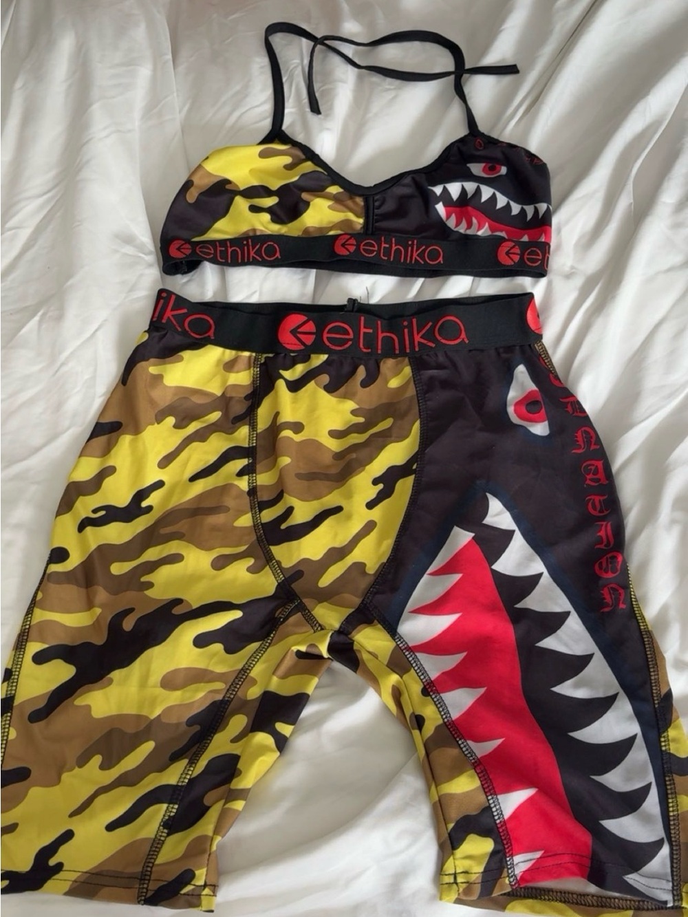 ethika Yellow Camo Shark-Print Sports Bra & Biker Shorts Set